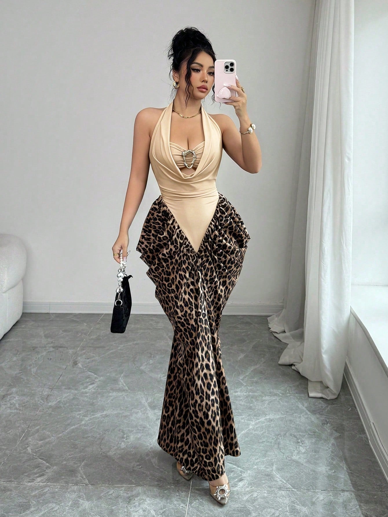 Elenzga Women's Spring/Summer Sexy Halter Tie-Up Leopard Print Patchwork Asymmetrical Design Bodycon Dress