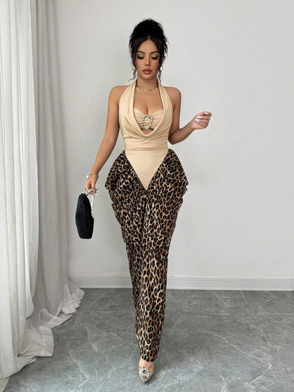 Elenzga Women's Spring/Summer Sexy Halter Tie-Up Leopard Print Patchwork Asymmetrical Design Bodycon Dress