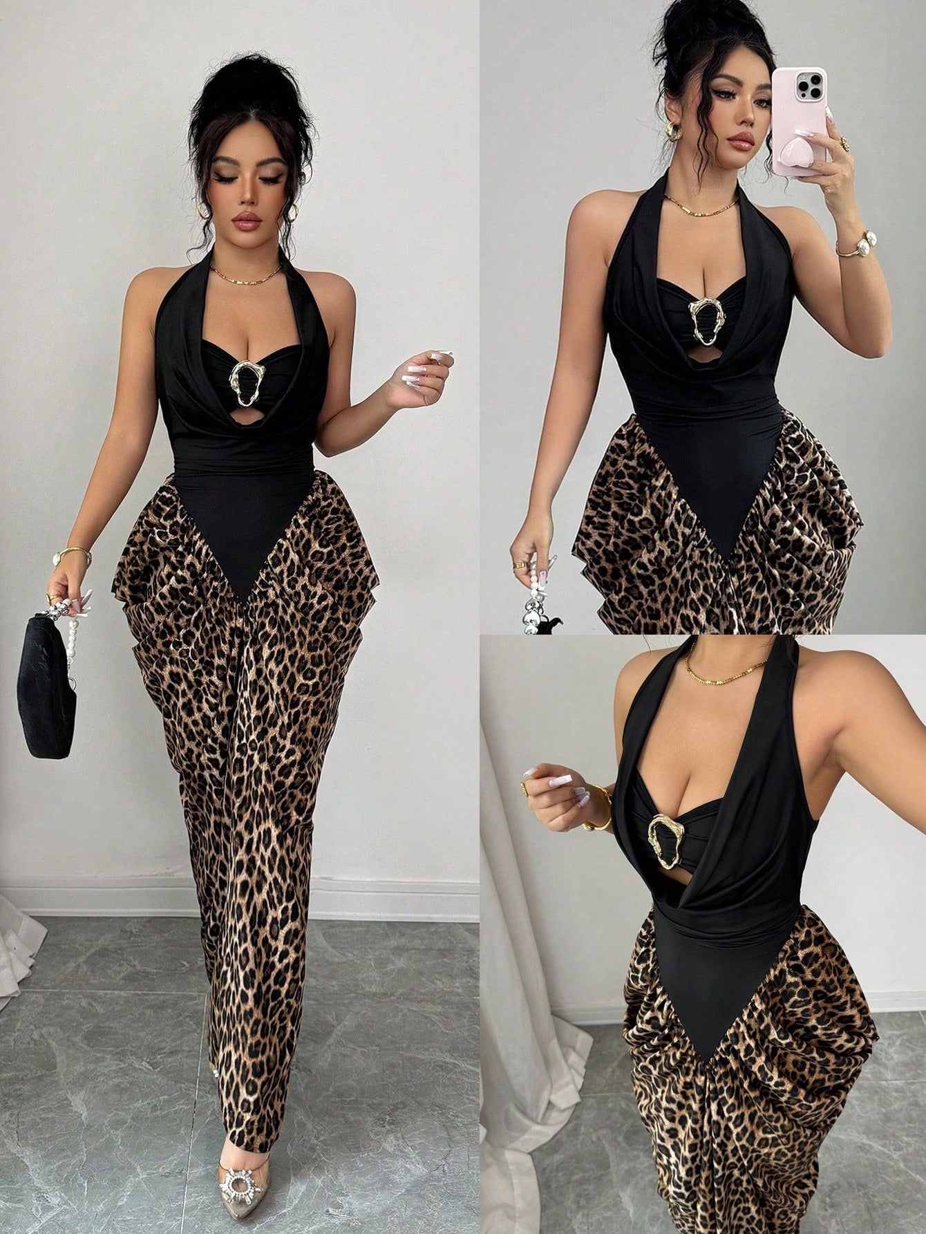 Elenzga Women's Spring/Summer Sexy Halter Tie-Up Leopard Print Patchwork Asymmetrical Design Bodycon Dress