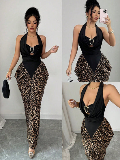 Elenzga Women's Spring/Summer Sexy Halter Tie-Up Leopard Print Patchwork Asymmetrical Design Bodycon Dress