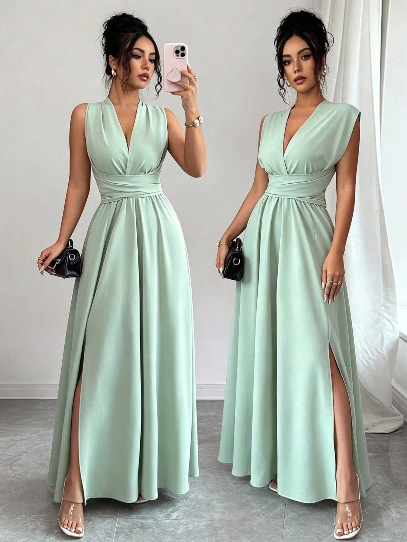Elenzga Women Sage Green Summer Elegant Dining Maxi Dress, Criss-Cross V-Neck Cinched Waist Bow Back Sleeveless Slit Hem Dress, French Wedding Bridesmaid
