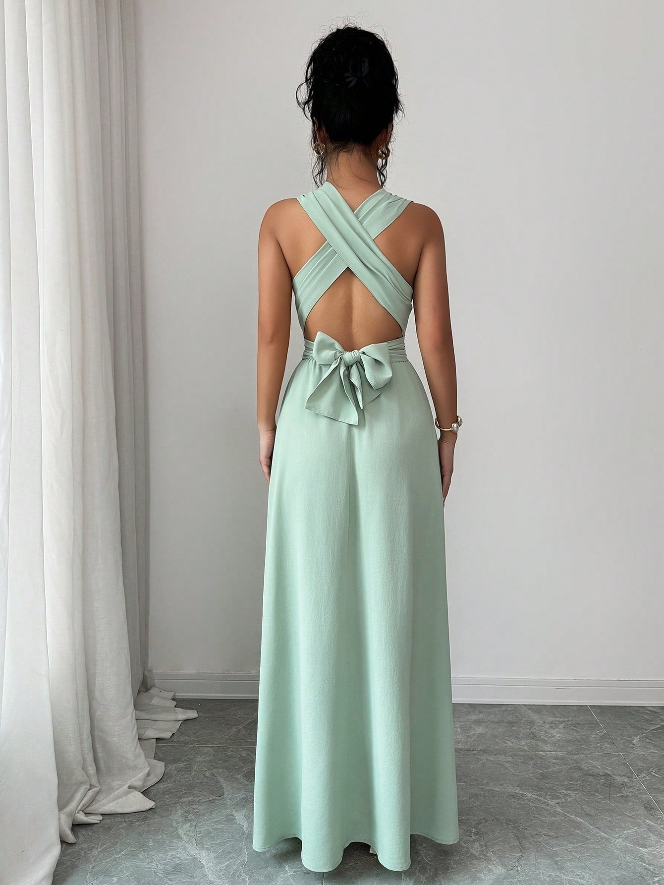 Elenzga Women Sage Green Summer Elegant Dining Maxi Dress, Criss-Cross V-Neck Cinched Waist Bow Back Sleeveless Slit Hem Dress, French Wedding Bridesmaid