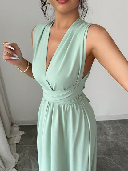 Elenzga Women Sage Green Summer Elegant Dining Maxi Dress, Criss-Cross V-Neck Cinched Waist Bow Back Sleeveless Slit Hem Dress, French Wedding Bridesmaid
