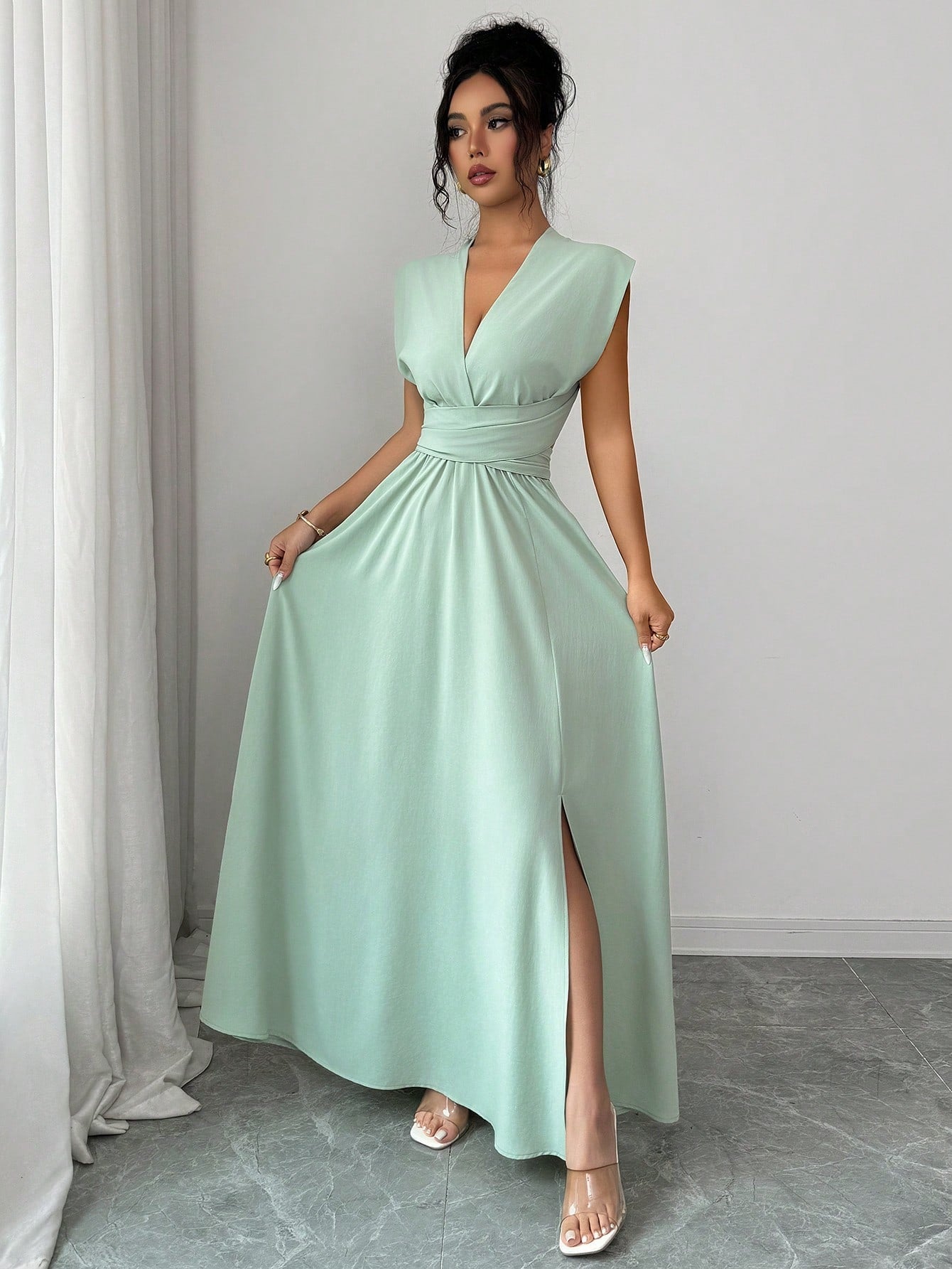 Elenzga Women Sage Green Summer Elegant Dining Maxi Dress, Criss-Cross V-Neck Cinched Waist Bow Back Sleeveless Slit Hem Dress, French Wedding Bridesmaid