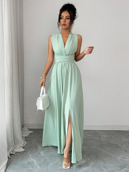Elenzga Women Sage Green Summer Elegant Dining Maxi Dress, Criss-Cross V-Neck Cinched Waist Bow Back Sleeveless Slit Hem Dress, French Wedding Bridesmaid