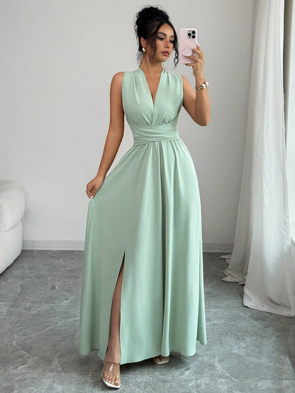 Elenzga Women Sage Green Summer Elegant Dining Maxi Dress, Criss-Cross V-Neck Cinched Waist Bow Back Sleeveless Slit Hem Dress, French Wedding Bridesmaid
