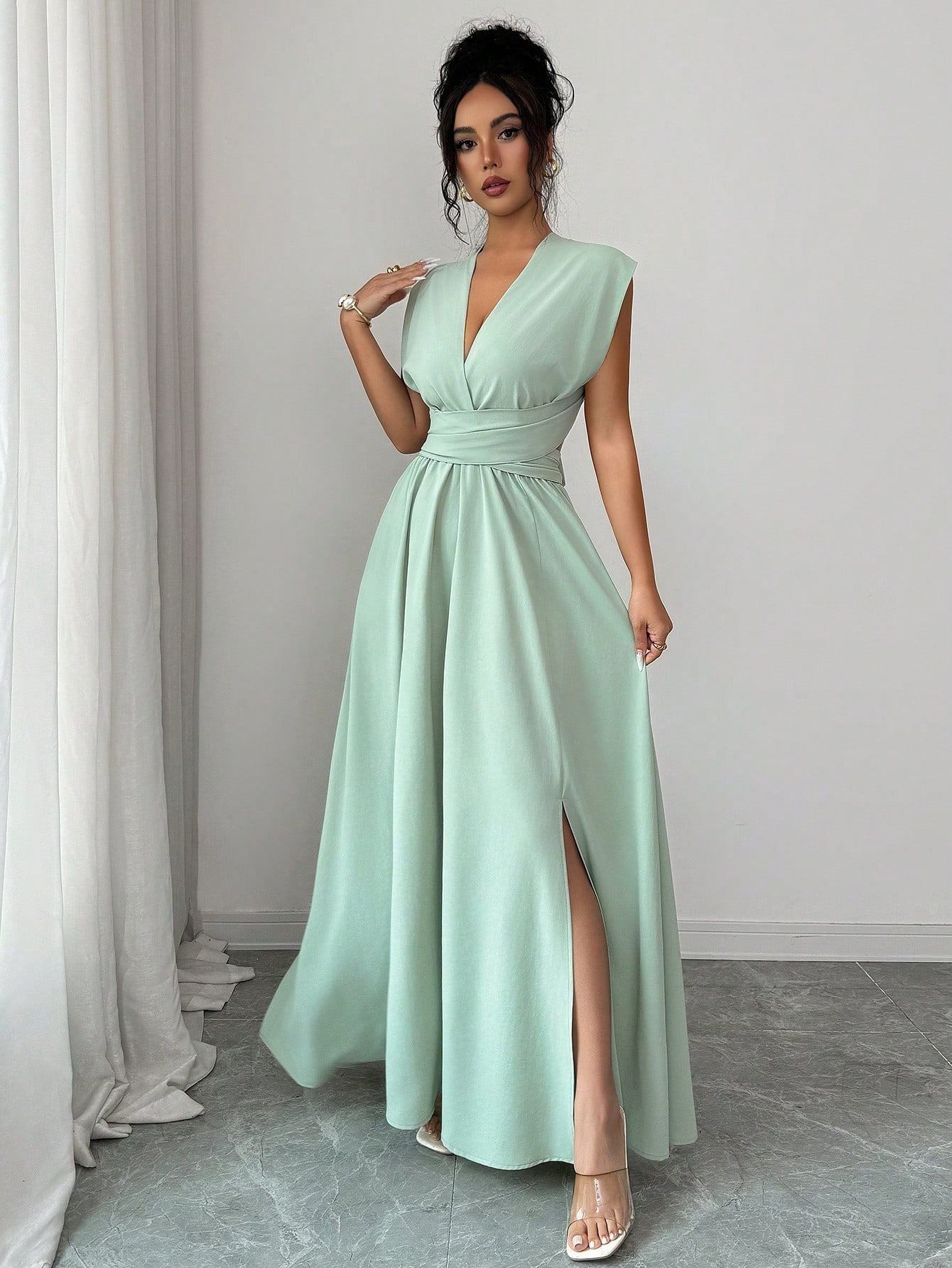 Elenzga Women Sage Green Summer Elegant Dining Maxi Dress, Criss-Cross V-Neck Cinched Waist Bow Back Sleeveless Slit Hem Dress, French Wedding Bridesmaid