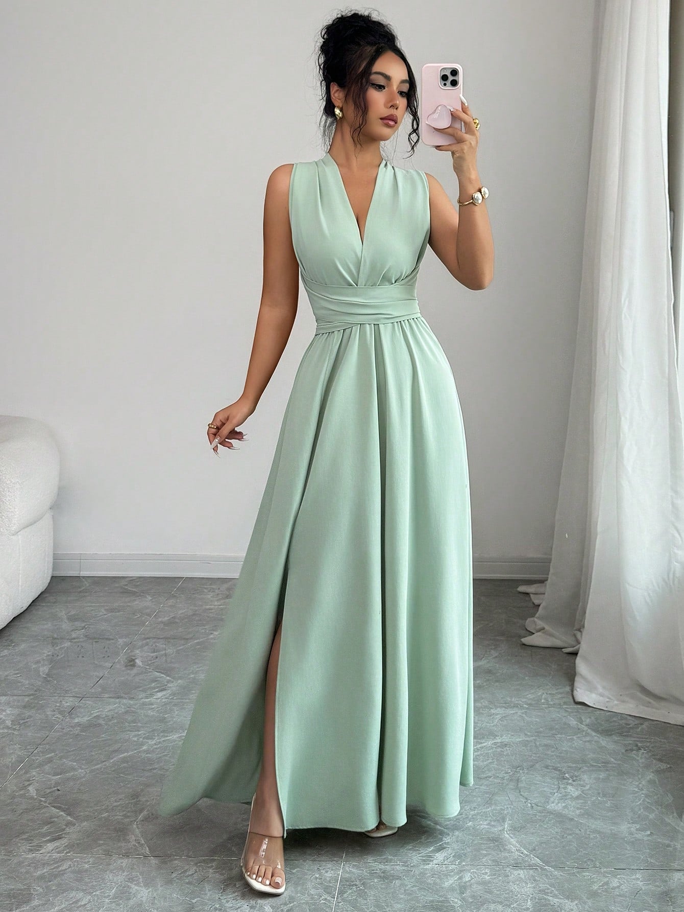 Elenzga Women Sage Green Summer Elegant Dining Maxi Dress, Criss-Cross V-Neck Cinched Waist Bow Back Sleeveless Slit Hem Dress, French Wedding Bridesmaid