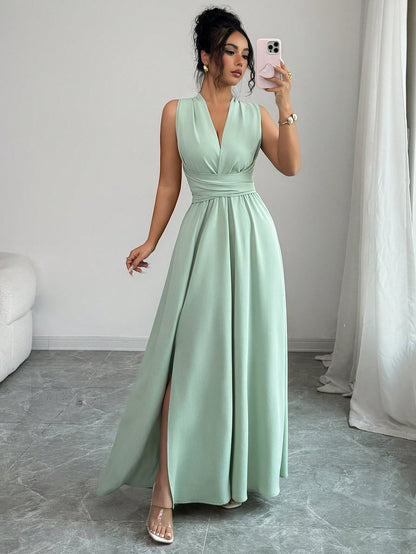 Elenzga Women Sage Green Summer Elegant Dining Maxi Dress, Criss-Cross V-Neck Cinched Waist Bow Back Sleeveless Slit Hem Dress, French Wedding Bridesmaid