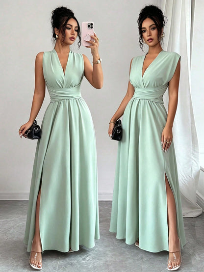 Elenzga Women Sage Green Summer Elegant Dining Maxi Dress, Criss-Cross V-Neck Cinched Waist Bow Back Sleeveless Slit Hem Dress, French Wedding Bridesmaid