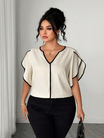 Elenzya Plus Size Women Petal Short Sleeve Textured Vacation Shirt