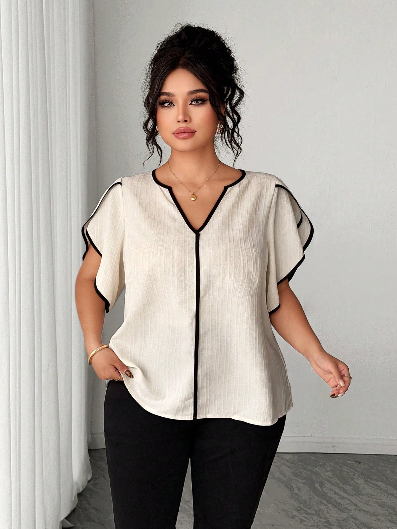 Elenzya Plus Size Women Petal Short Sleeve Textured Vacation Shirt