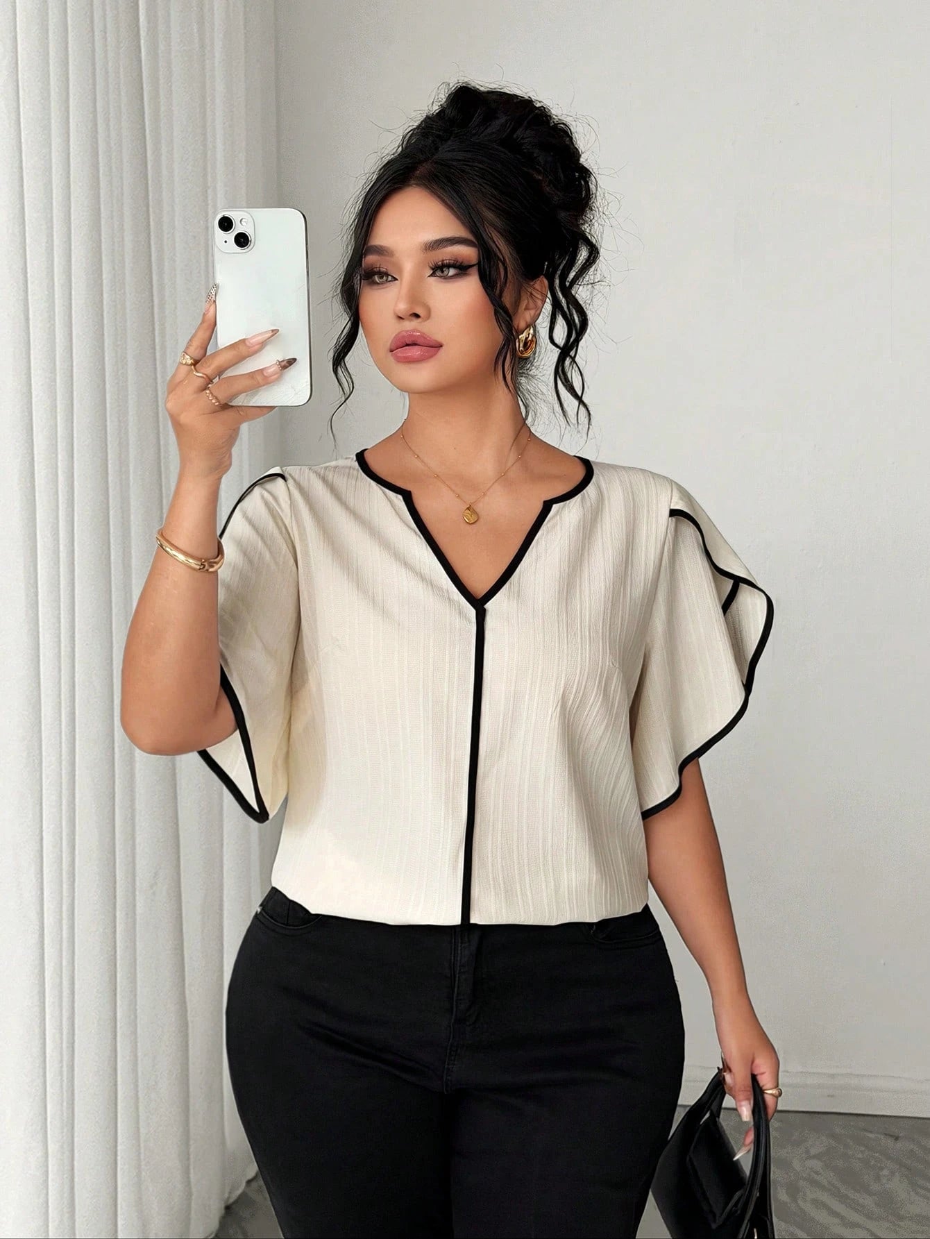 Elenzya Plus Size Women Petal Short Sleeve Textured Vacation Shirt