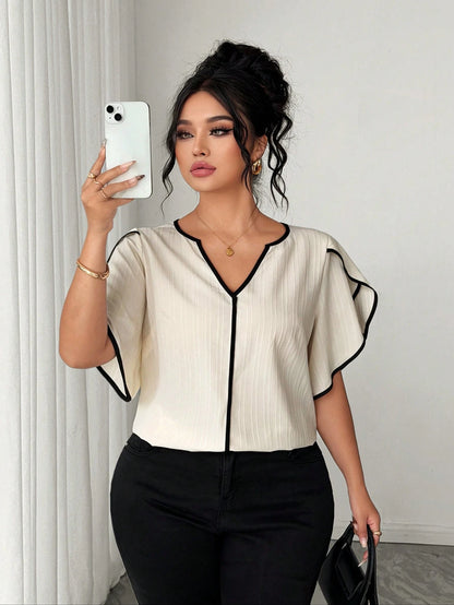 Elenzya Plus Size Women Petal Short Sleeve Textured Vacation Shirt