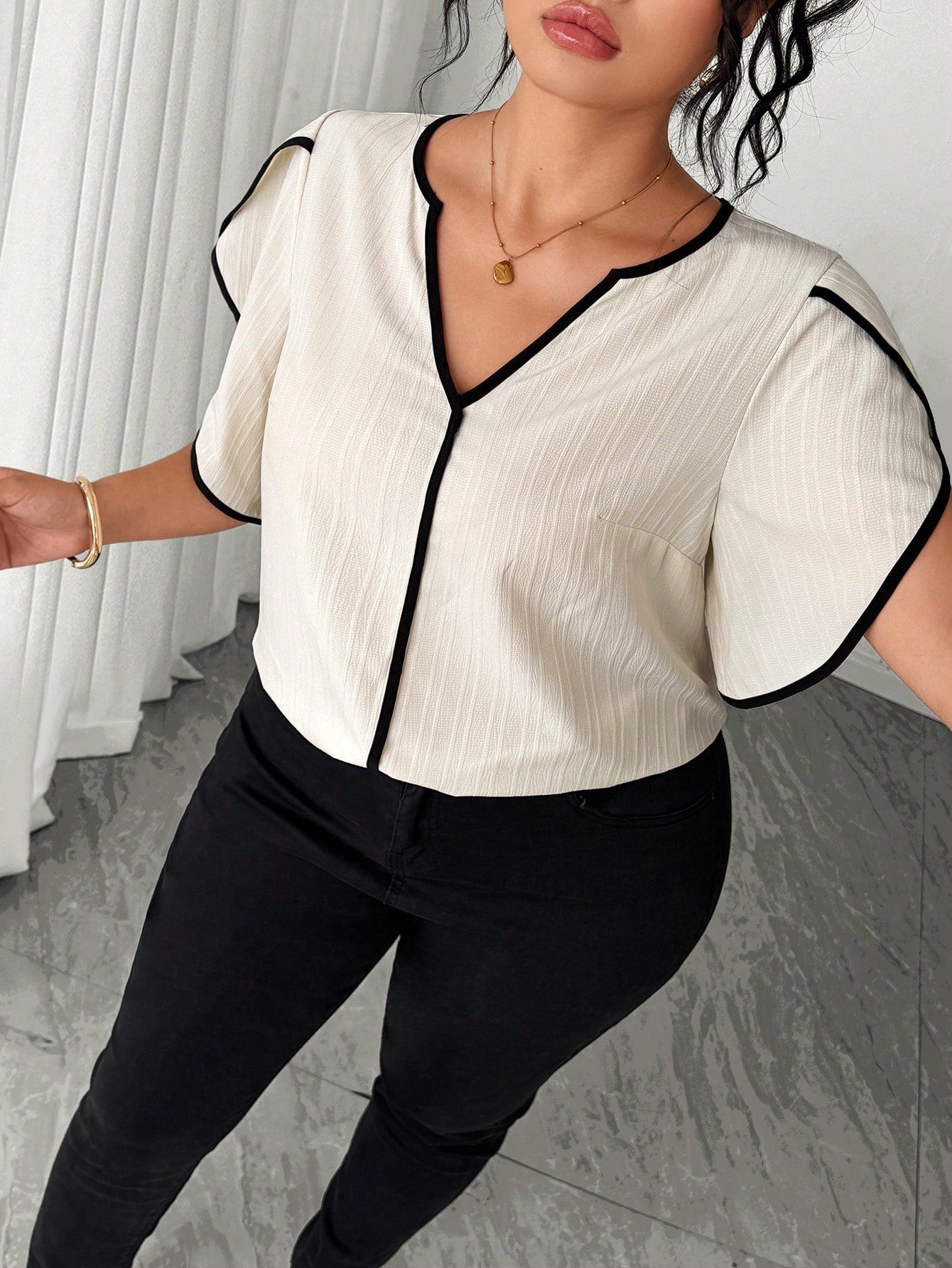 Elenzya Plus Size Women Petal Short Sleeve Textured Vacation Shirt