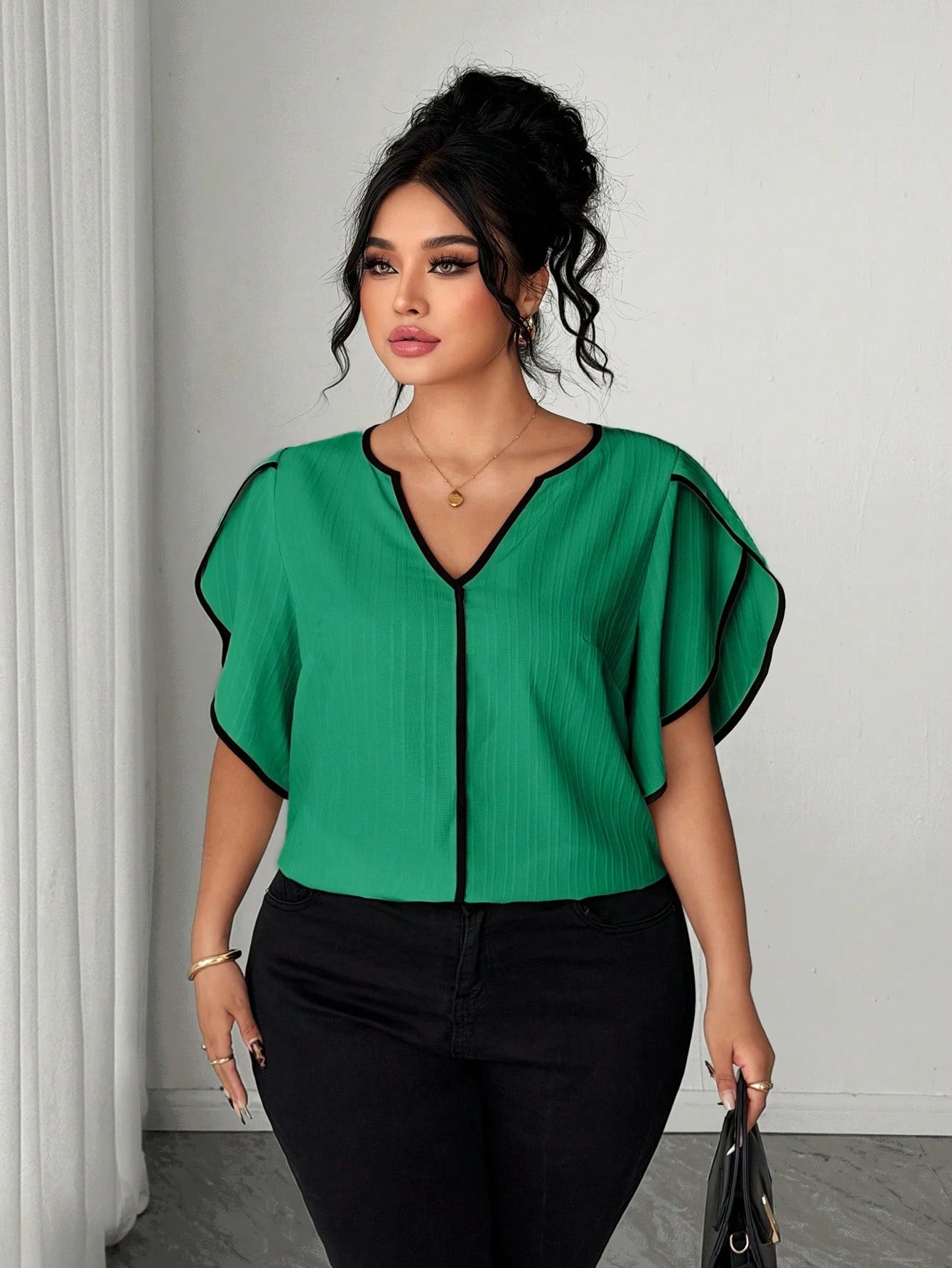 Elenzya Plus Size Women Petal Short Sleeve Textured Vacation Shirt