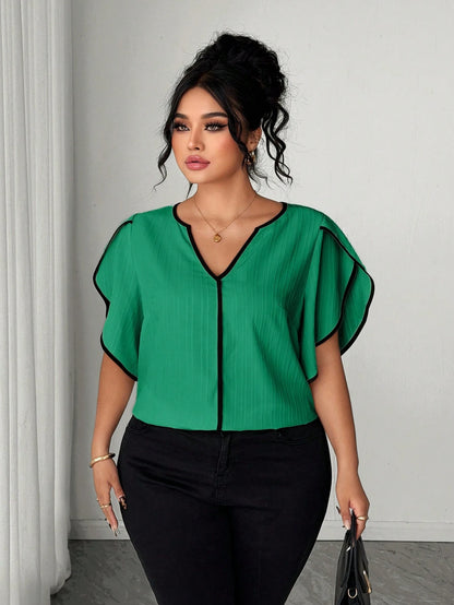 Elenzya Plus Size Women Petal Short Sleeve Textured Vacation Shirt