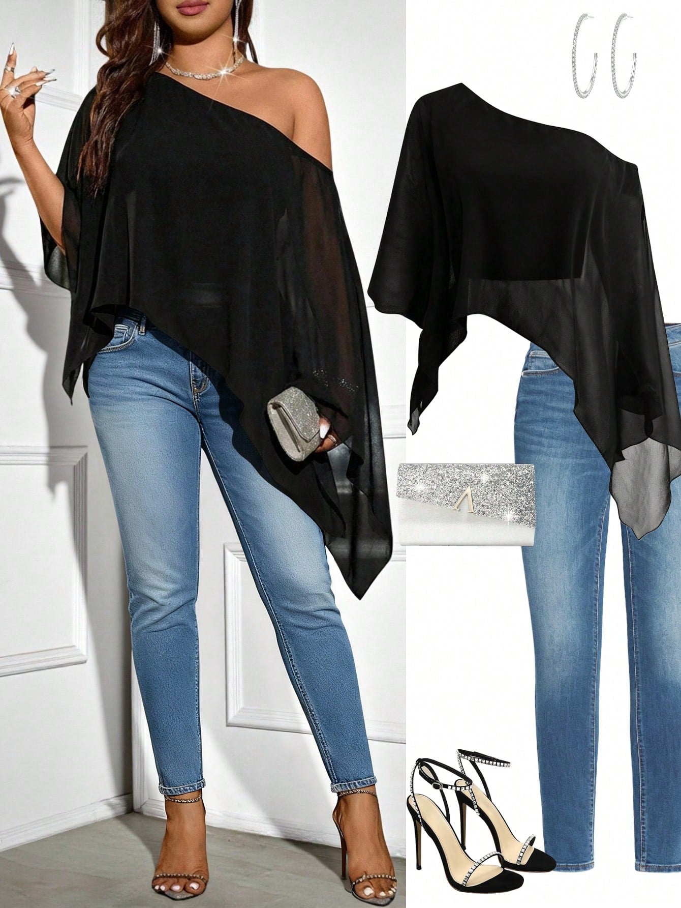 Elenzya Plus Size Women's Fashion Solid Color Asymmetric Shoulder Blouse