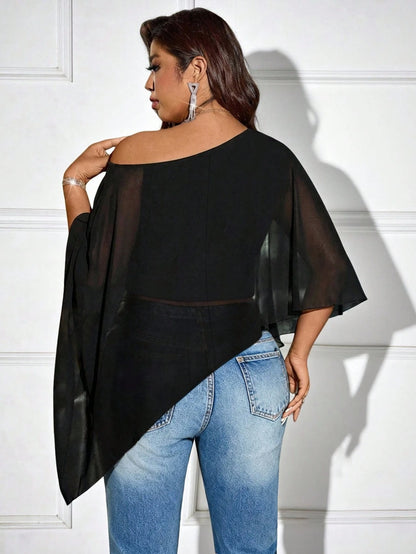 Elenzya Plus Size Women's Fashion Solid Color Asymmetric Shoulder Blouse