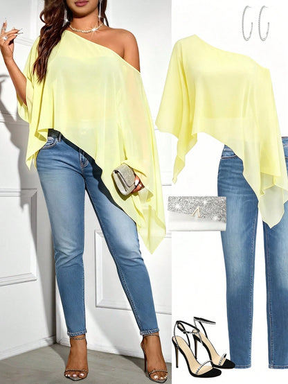 Elenzya Plus Size Women's Fashion Solid Color Asymmetric Shoulder Blouse