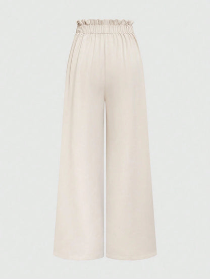 Elenzya Women's Elegant Office Suit Pants,High-Waisted Beige Summer Striped Pleated Elastic Waist Loose Wide Leg Casual Trousers For Daily Commute Fashion