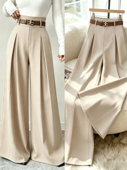 Elenzya Women's Elegant Office Suit Pants,High-Waisted Beige Summer Striped Pleated Elastic Waist Loose Wide Leg Casual Trousers For Daily Commute Fashion