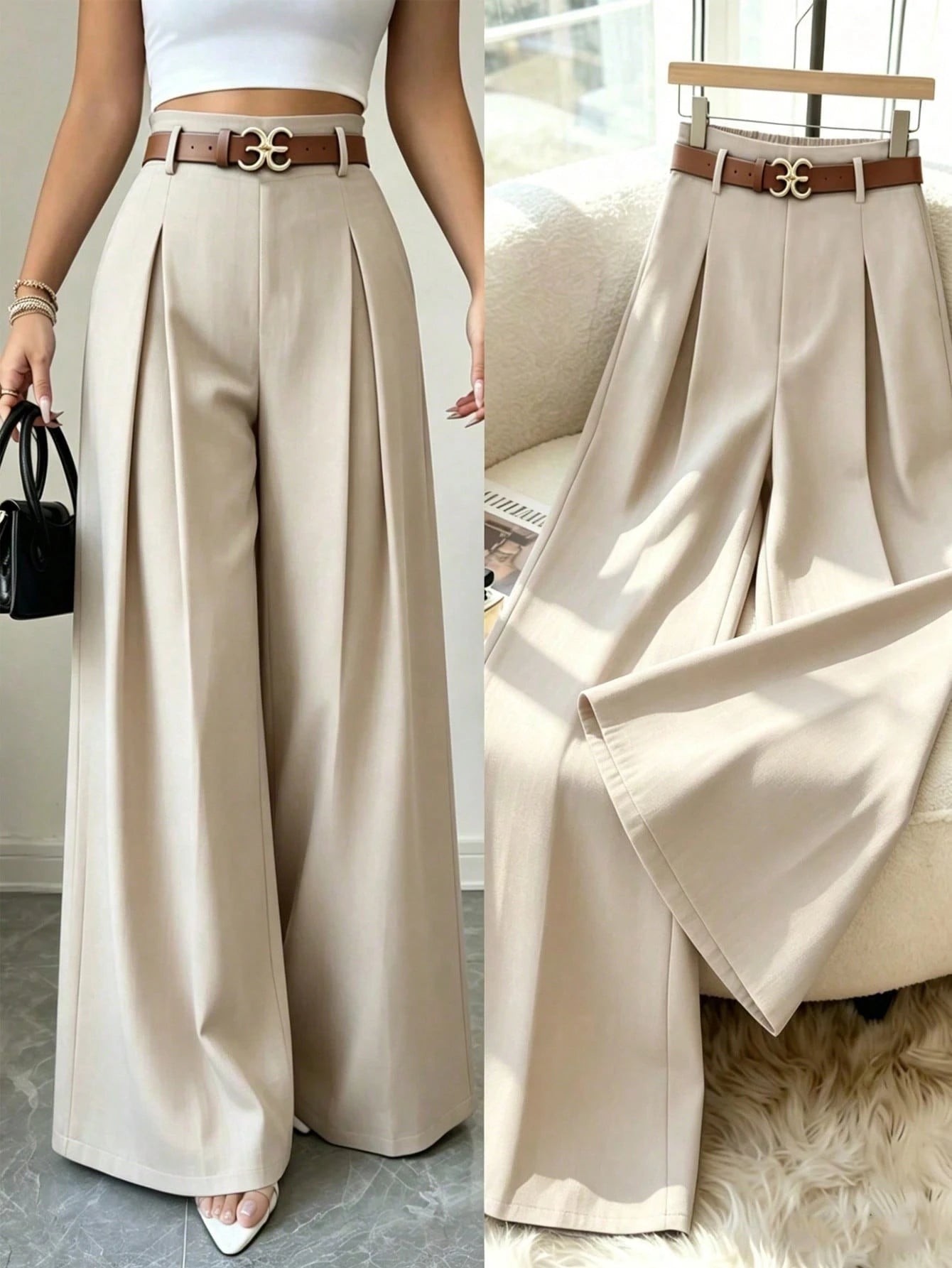 Elenzya Women's Elegant Office Suit Pants,High-Waisted Beige Summer Striped Pleated Elastic Waist Loose Wide Leg Casual Trousers For Daily Commute Fashion