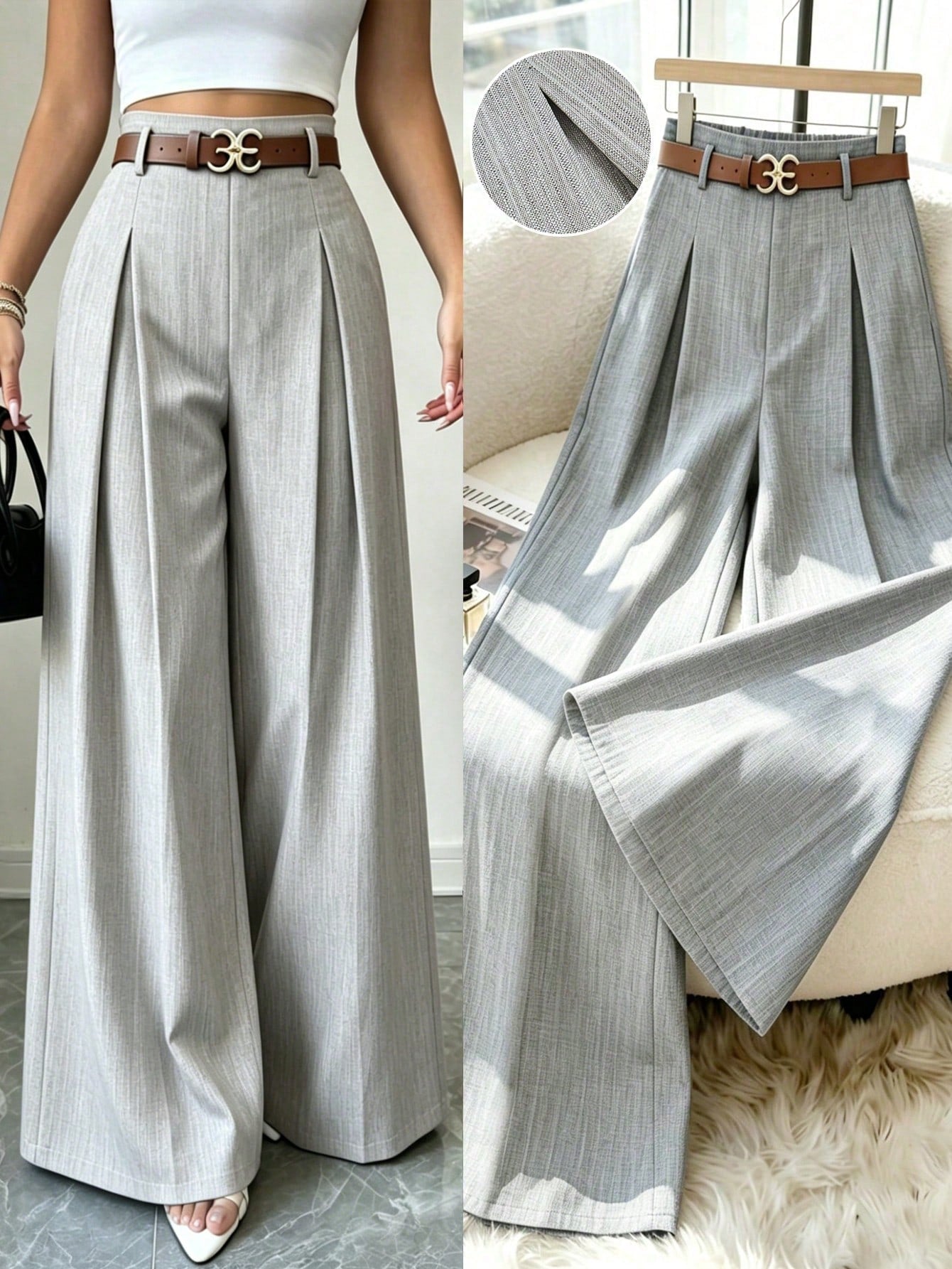 Elenzya Women's Elegant Office Suit Pants,High-Waisted Beige Summer Striped Pleated Elastic Waist Loose Wide Leg Casual Trousers For Daily Commute Fashion