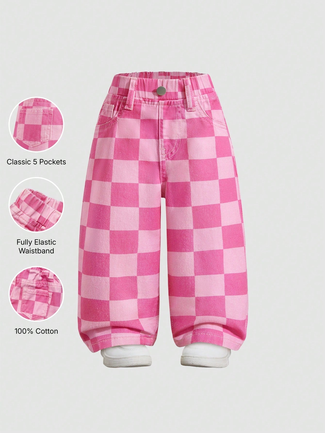 Elladie kids Denimly Baby Girl Casual Outdoor School Fashion Versatile Baby Denim Elastic Waist Plaid Pattern Washed Denim Pants