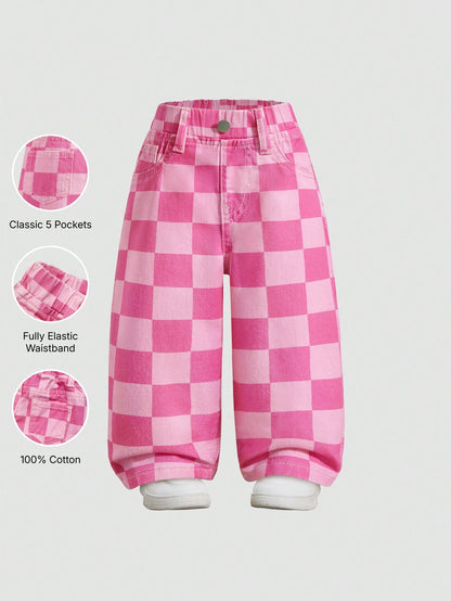 Elladie kids Denimly Baby Girl Casual Outdoor School Fashion Versatile Baby Denim Elastic Waist Plaid Pattern Washed Denim Pants