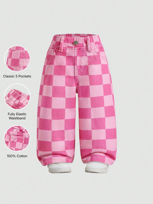 Elladie kids Denimly Baby Girl Casual Outdoor School Fashion Versatile Baby Denim Elastic Waist Plaid Pattern Washed Denim Pants