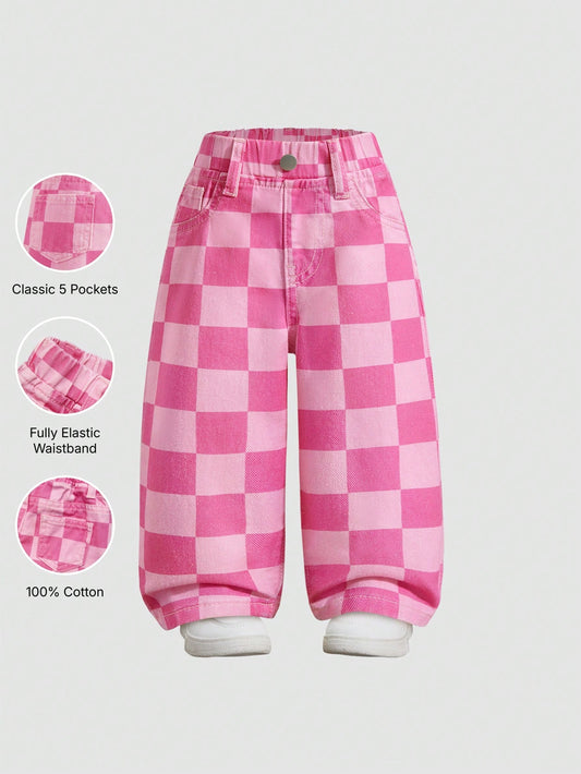 Elladie kids Denimly Baby Girl Casual Outdoor School Fashion Versatile Baby Denim Elastic Waist Plaid Pattern Washed Denim Pants