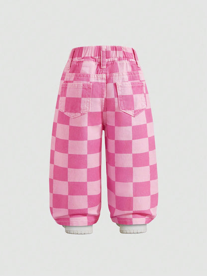 Elladie kids Denimly Baby Girl Casual Outdoor School Fashion Versatile Baby Denim Elastic Waist Plaid Pattern Washed Denim Pants