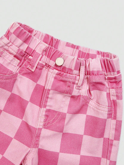 Elladie kids Denimly Baby Girl Casual Outdoor School Fashion Versatile Baby Denim Elastic Waist Plaid Pattern Washed Denim Pants