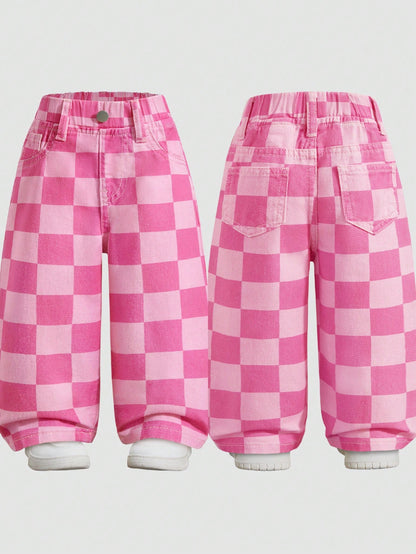 Elladie kids Denimly Baby Girl Casual Outdoor School Fashion Versatile Baby Denim Elastic Waist Plaid Pattern Washed Denim Pants