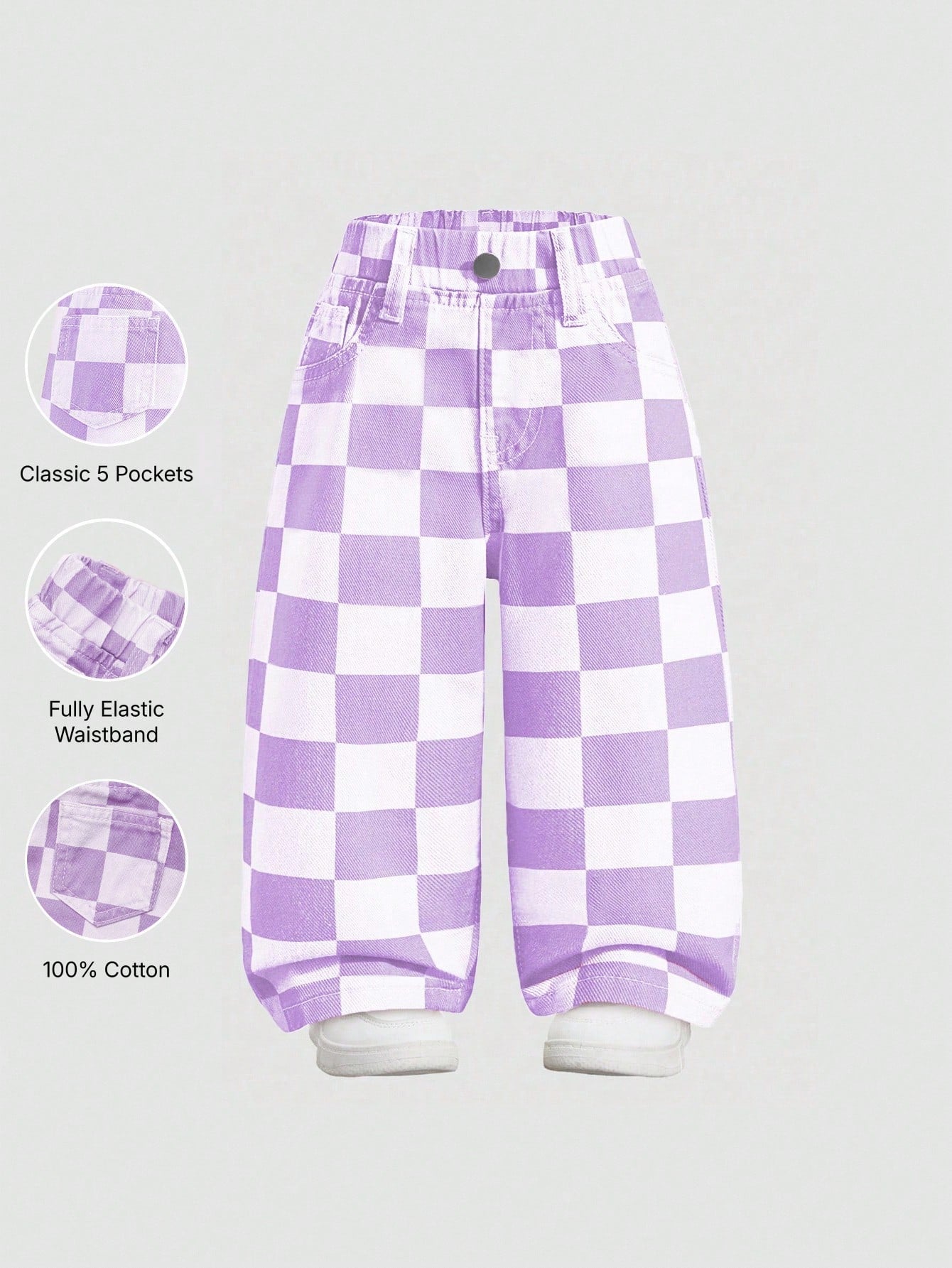 Elladie kids Denimly Baby Girl Casual Outdoor School Fashion Versatile Baby Denim Elastic Waist Plaid Pattern Washed Denim Pants