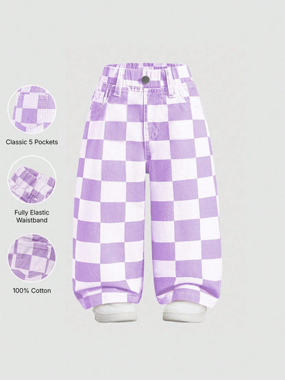 Elladie kids Denimly Baby Girl Casual Outdoor School Fashion Versatile Baby Denim Elastic Waist Plaid Pattern Washed Denim Pants