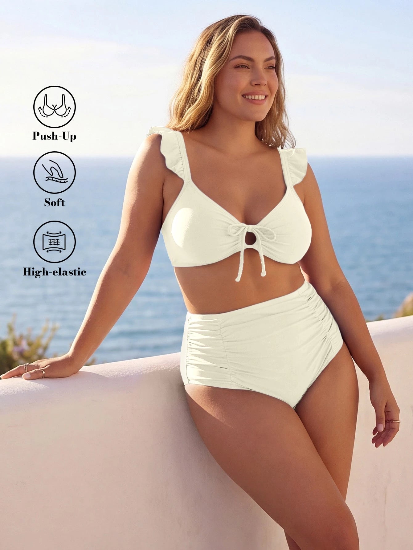 ELLERISSA Plus Size Apricot Ruffle Strap Tie Front High Waist Bikini Set