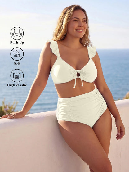 ELLERISSA Plus Size Apricot Ruffle Strap Tie Front High Waist Bikini Set