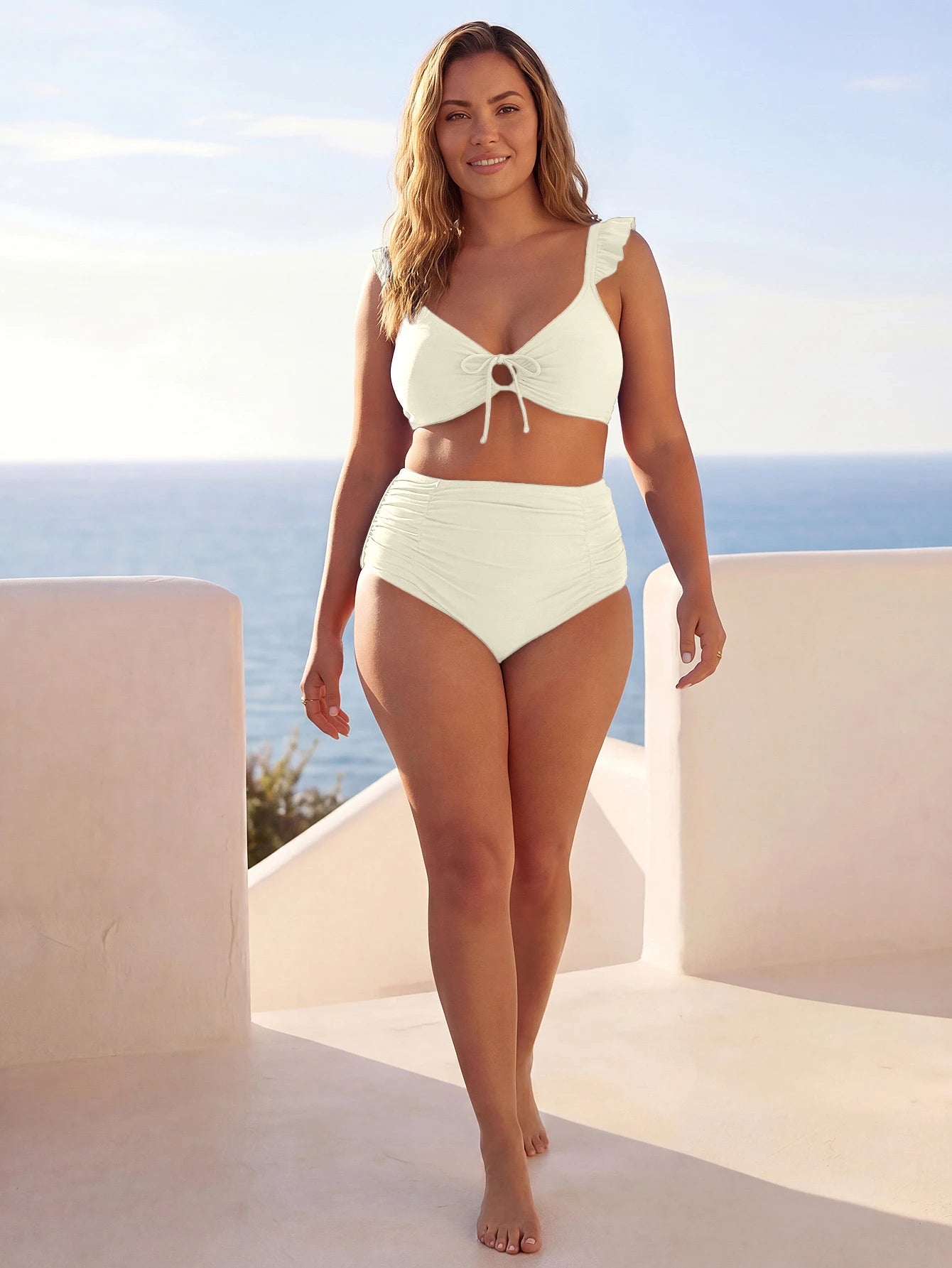 ELLERISSA Plus Size Apricot Ruffle Strap Tie Front High Waist Bikini Set