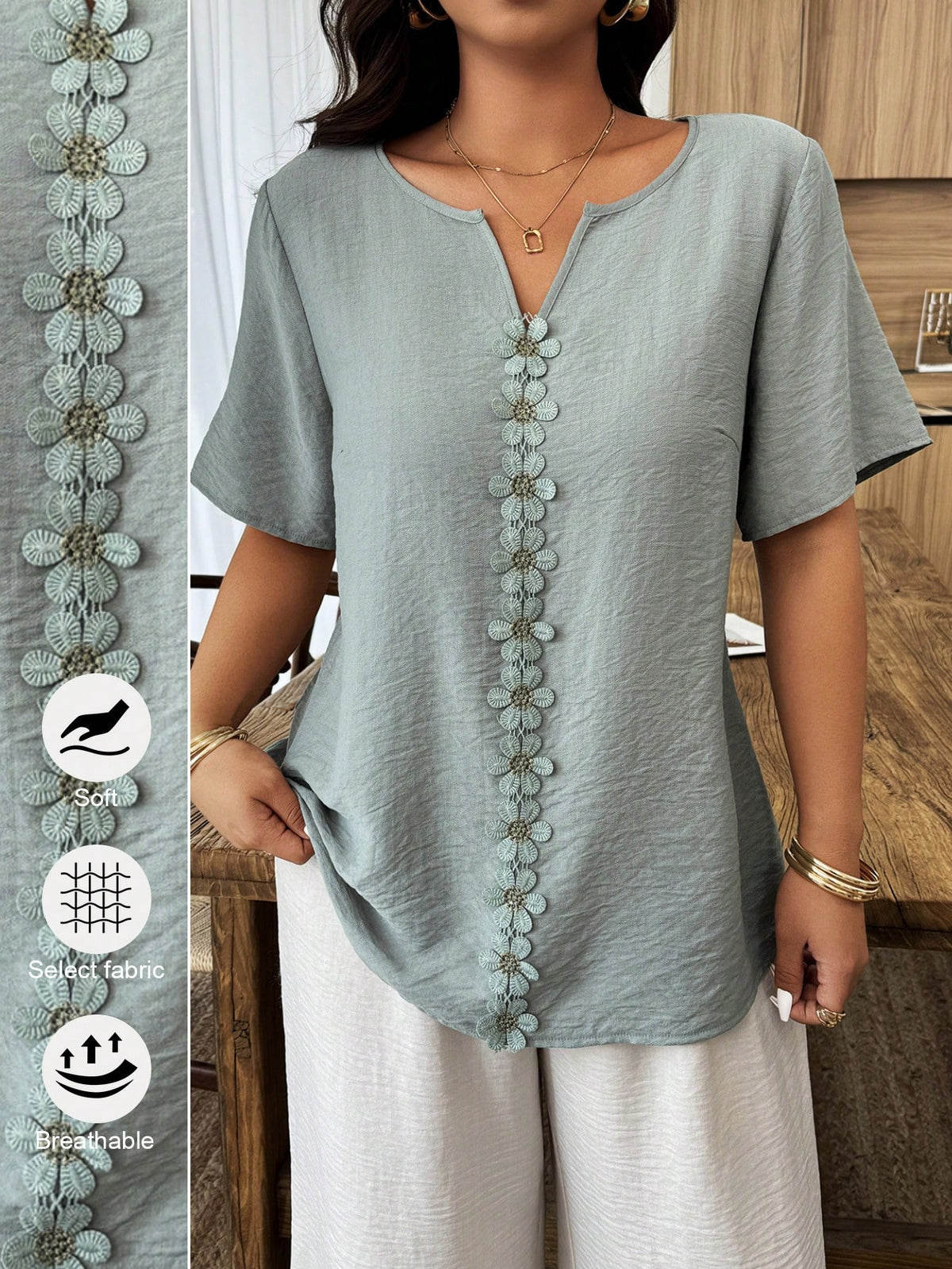 Elouméa Women's Casual Vacation Round Neck Cutout 3D Floral Short Sleeve Loose Blouse, Spring/Summer