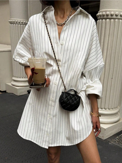 Elyressa Striped Drop Shoulder Loose Shirt Dress With Pockets, Summer Fall Cloth For Women