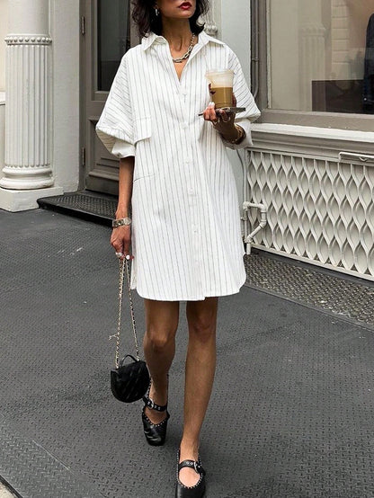 Elyressa Striped Drop Shoulder Loose Shirt Dress With Pockets, Summer Fall Cloth For Women