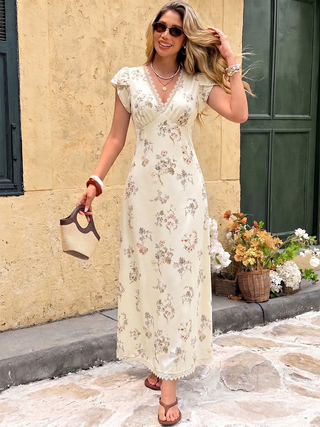 Elyressa Women's Floral Print Lace Patchwork Elegant Vacation Dress