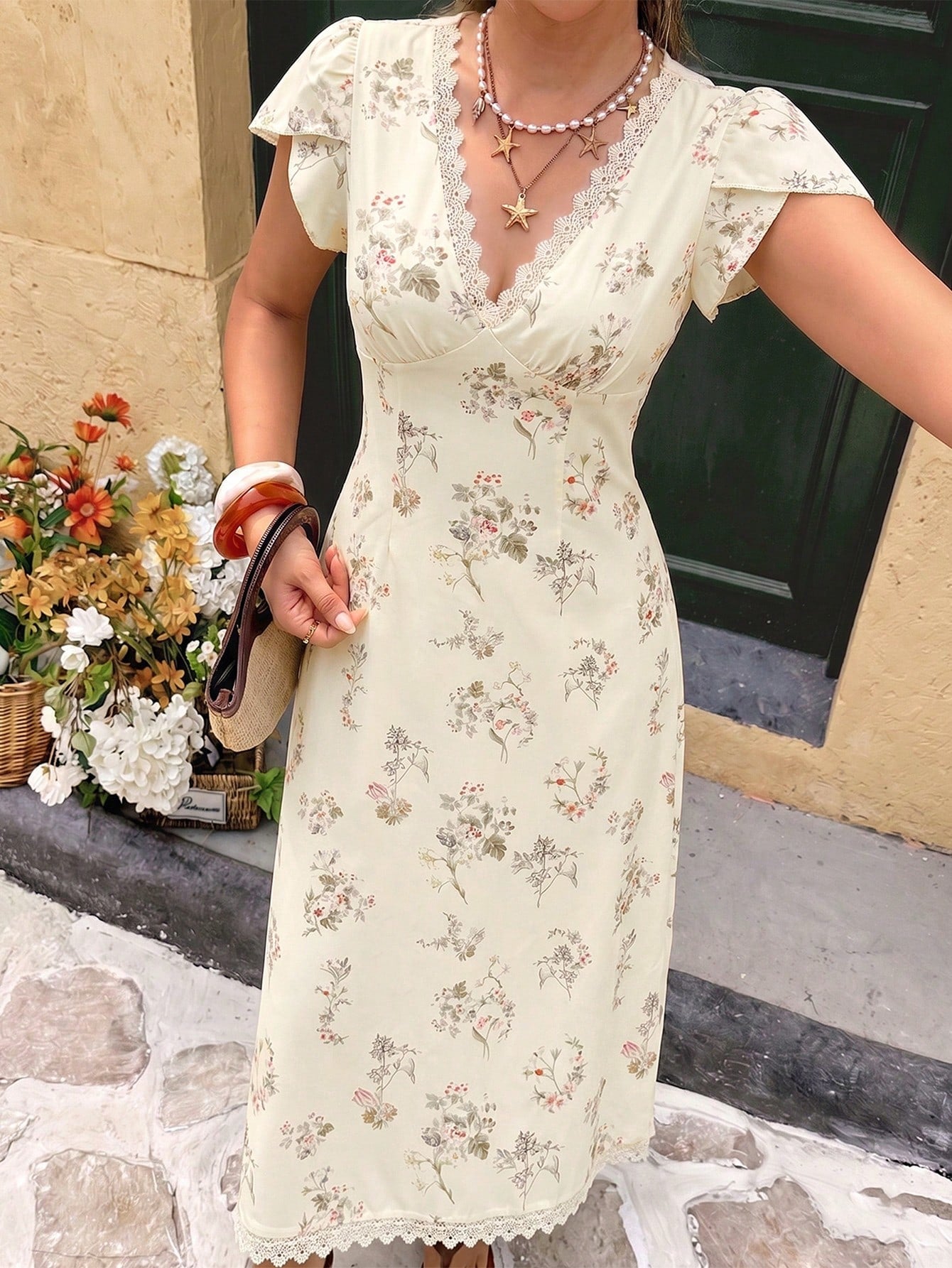 Elyressa Women's Floral Print Lace Patchwork Elegant Vacation Dress