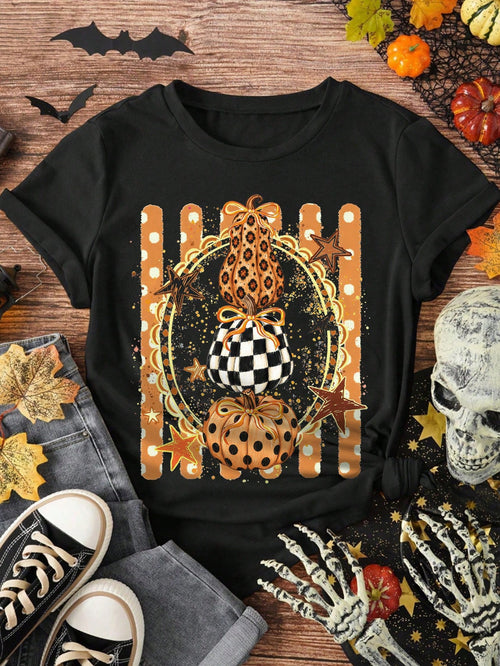 EMERY ROSE Black And White Checkered Polka Dot Layered Pumpkin Star Print Black Large-Sized Short-Sleeved T-Shirt American Autumn Harvest Halloween Loose Top