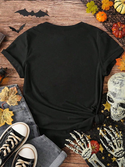 EMERY ROSE Black And White Checkered Polka Dot Layered Pumpkin Star Print Black Large-Sized Short-Sleeved T-Shirt American Autumn Harvest Halloween Loose Top