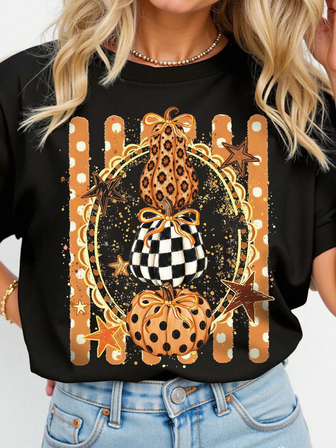 EMERY ROSE Black And White Checkered Polka Dot Layered Pumpkin Star Print Black Large-Sized Short-Sleeved T-Shirt American Autumn Harvest Halloween Loose Top