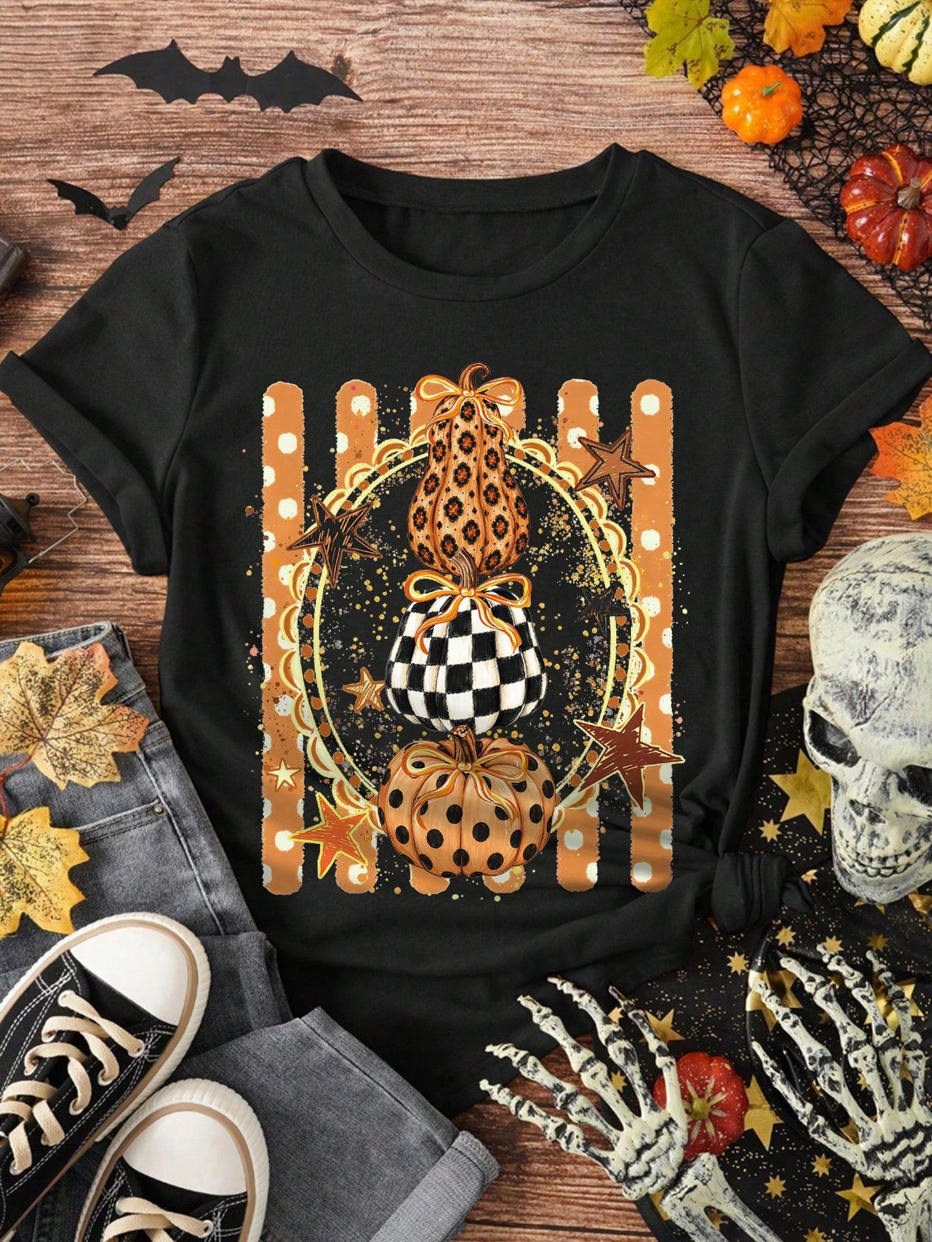 EMERY ROSE Black And White Checkered Polka Dot Layered Pumpkin Star Print Black Large-Sized Short-Sleeved T-Shirt American Autumn Harvest Halloween Loose Top