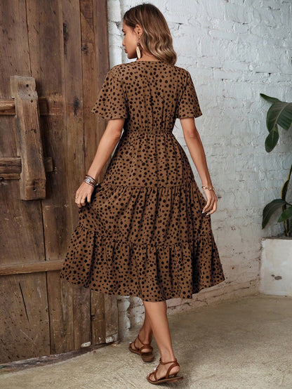 EMERY ROSE Dalmatian Print Knot Front Ruffle Hem Dress Maxi Women Outfit
